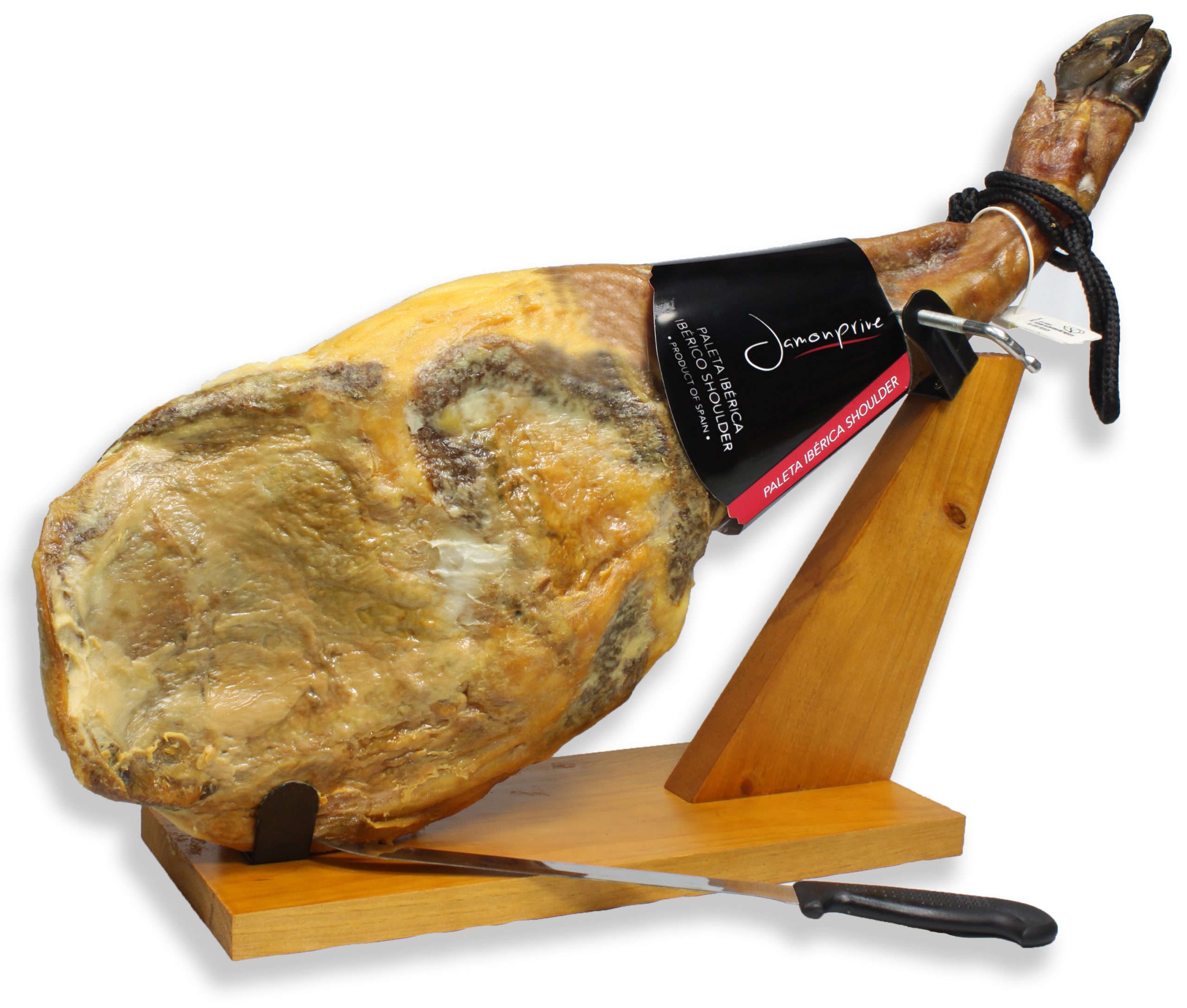 Iberico Ham (shoulder) Grass-fed Bone in from Spain 10-12 lb + Ham Stand +  Knife | Jamon Iberico Pata Negra All Natural with Mediterranean Sea Salt 